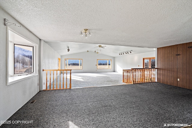 interior space with vaulted ceiling, plenty of natural light, carpet floors, and a textured ceiling