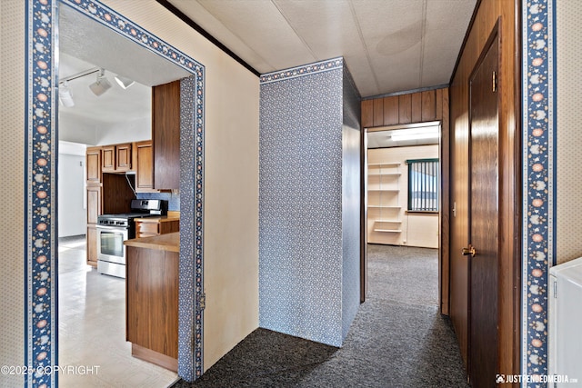 hallway featuring built in features, wooden walls, rail lighting, and a textured ceiling