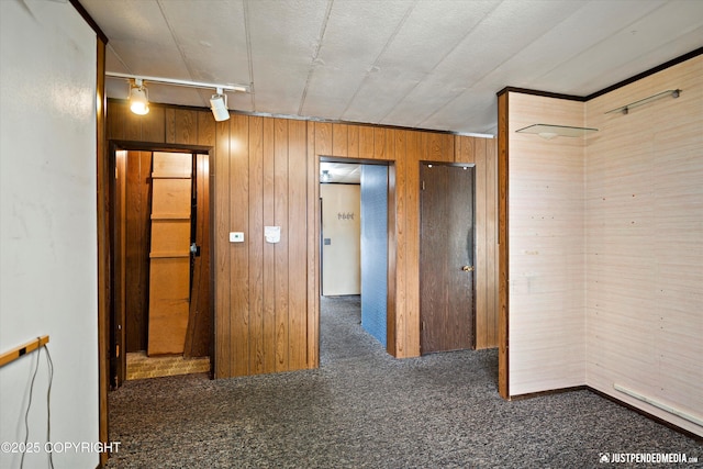 hall with wood walls, rail lighting, and carpet