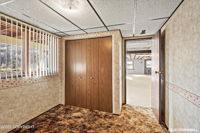 unfurnished bedroom with a paneled ceiling, a closet, carpet floors, and visible vents