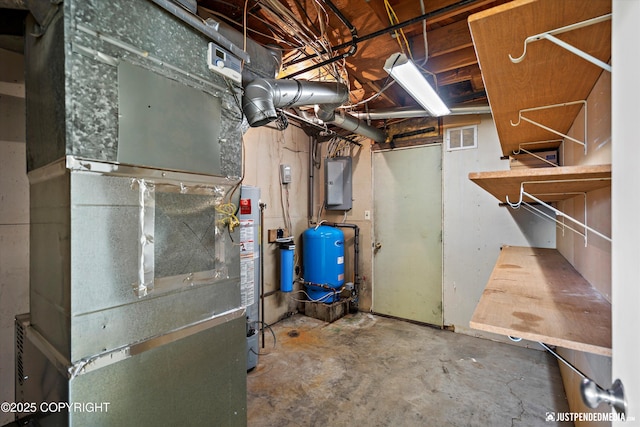 utility room featuring electric panel, visible vents, heating unit, and water heater