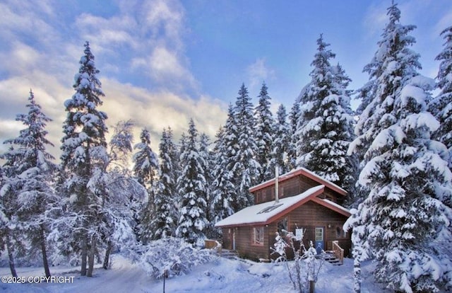 view of snow covered property