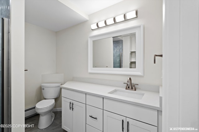 bathroom featuring a baseboard heating unit, baseboards, toilet, and vanity