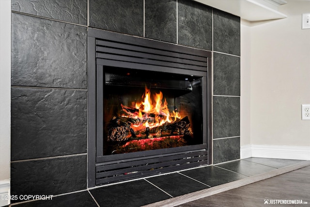 room details with a tiled fireplace