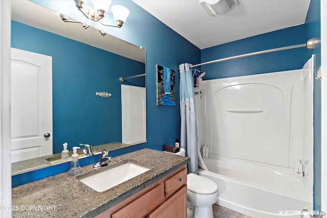 bathroom with vanity, toilet, shower / bathtub combination with curtain, and visible vents