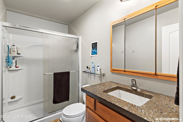 bathroom with vanity, toilet, and a shower stall