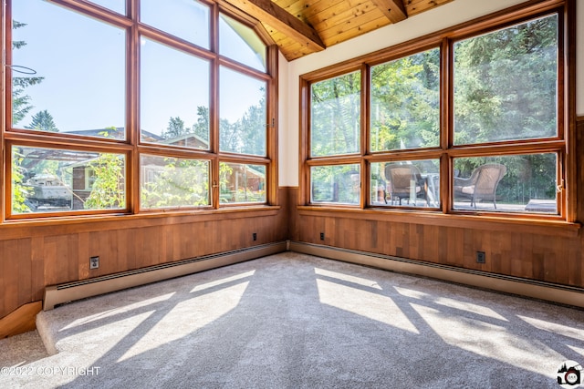 unfurnished sunroom featuring a baseboard radiator, wooden ceiling, and vaulted ceiling with beams