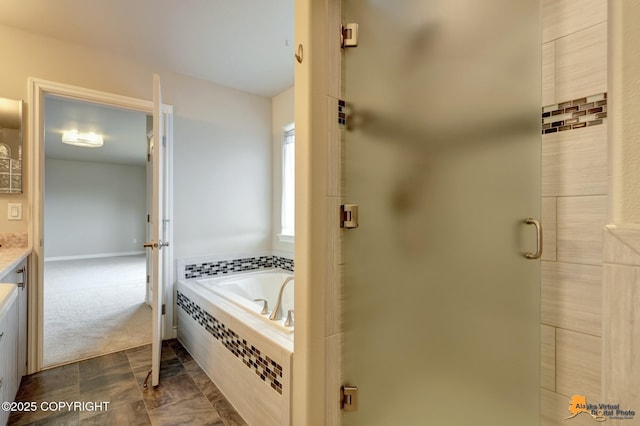 1091 Northpointe Bluff Dr, Anchorage, AK 99501 - bathroom with vanity, a garden tub, and a stall shower