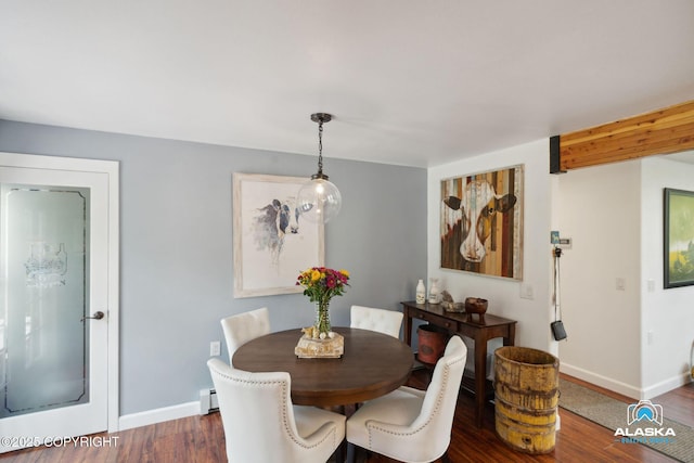 19136 S Birchwood Loop Rd, Chugiak, AK 99567 - dining area featuring baseboards, wood finished floors, and a baseboard heating unit
