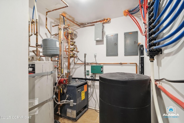 19136 S Birchwood Loop Rd, Chugiak, AK 99567 - utility room featuring electric panel, water heater, and a heating unit
