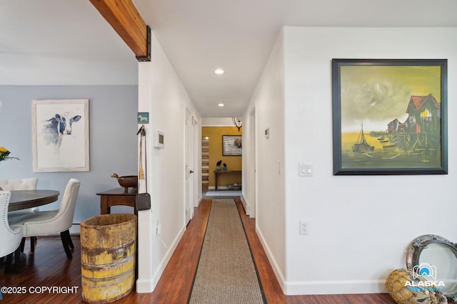 19136 S Birchwood Loop Rd, Chugiak, AK 99567 - hall with dark wood-type flooring, recessed lighting, baseboards, and a baseboard heating unit