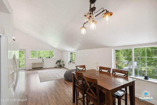 19136 S Birchwood Loop Rd, Chugiak, AK 99567 - dining room featuring vaulted ceiling, wood finished floors, and baseboards