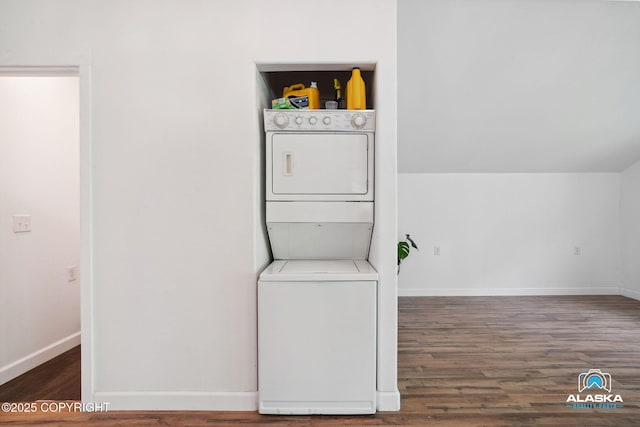 19136 S Birchwood Loop Rd, Chugiak, AK 99567 - washroom with stacked washer / drying machine, wood finished floors, and baseboards