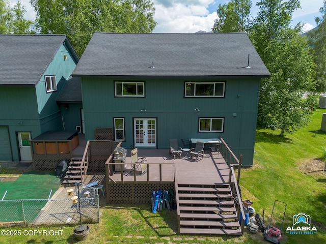 19136 S Birchwood Loop Rd, Chugiak, AK 99567 - back of property featuring french doors, a wooden deck, a shingled roof, and stairway