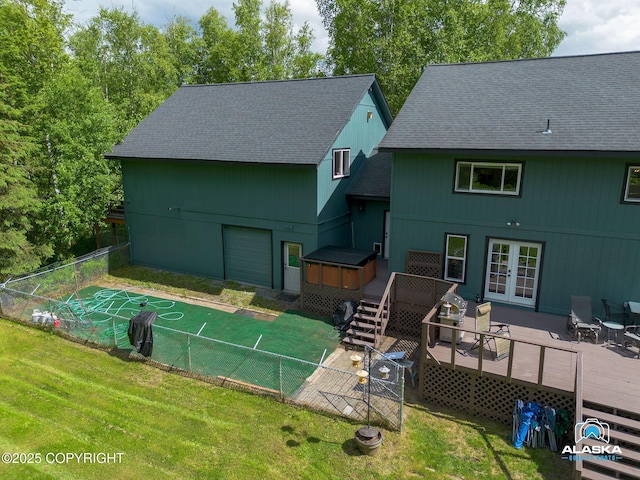 19136 S Birchwood Loop Rd, Chugiak, AK 99567 - back of property with french doors, a deck, and a shingled roof