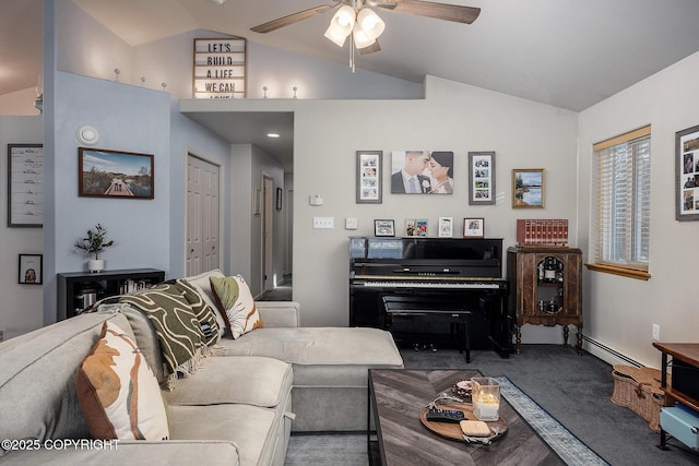 carpeted living room featuring a baseboard heating unit, lofted ceiling, and ceiling fan