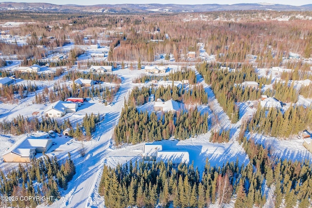 snowy aerial view featuring a wooded view and a mountain view