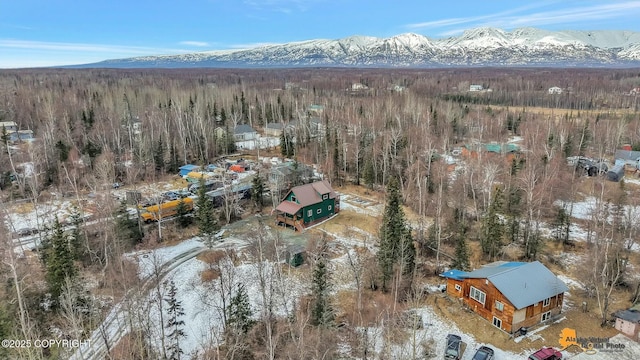 aerial view featuring a mountain view and a view of trees