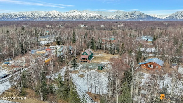 birds eye view of property with a mountain view and a view of trees