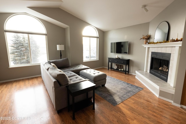 living room featuring vaulted ceiling, wood finished floors, a fireplace, and a wealth of natural light