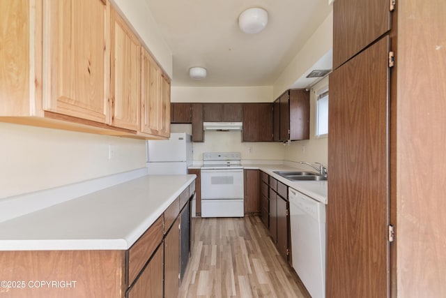 2752 W 42nd Ave Unit 4, Anchorage, AK 99517 - kitchen with white appliances, a sink, light wood finished floors, and light countertops