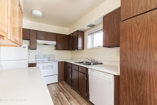 2752 W 42nd Ave Unit 4, Anchorage, AK 99517 - kitchen with white appliances, under cabinet range hood, a sink, light countertops, and light wood-style floors