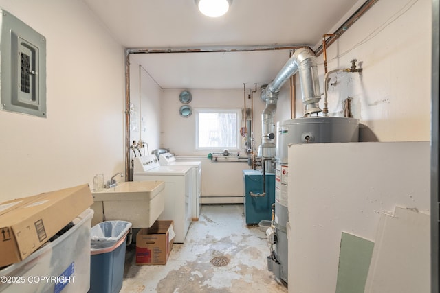 2752 W 42nd Ave Unit 4, Anchorage, AK 99517 - clothes washing area featuring washer and dryer, electric panel, water heater, and a baseboard radiator
