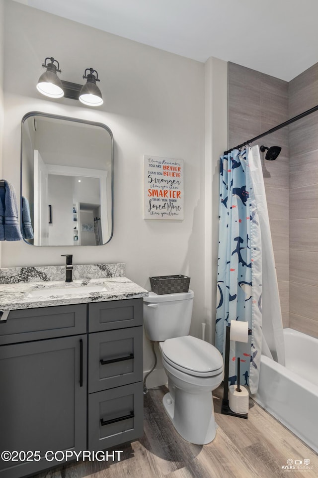 full bath featuring vanity, shower / bath combination with curtain, toilet, and wood finished floors