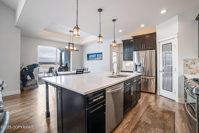 kitchen with a sink, wood finished floors, appliances with stainless steel finishes, light countertops, and a raised ceiling