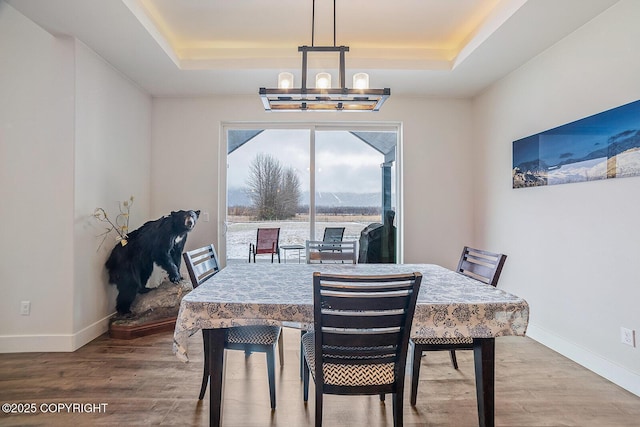 dining room with a tray ceiling, baseboards, an inviting chandelier, and wood finished floors