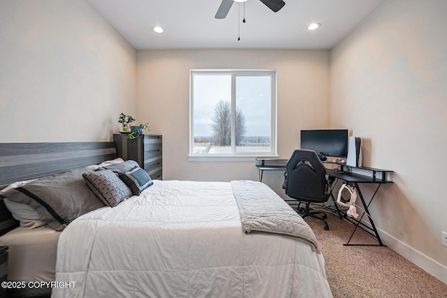 carpeted bedroom featuring recessed lighting, a ceiling fan, and baseboards