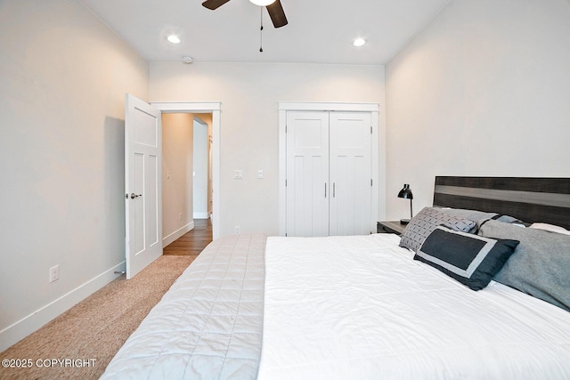 bedroom with baseboards, carpet flooring, recessed lighting, a closet, and a ceiling fan