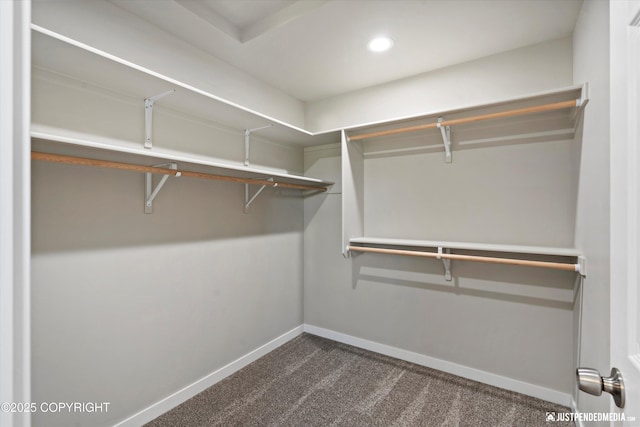 spacious closet featuring dark carpet