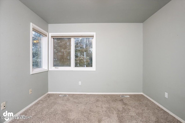 carpeted empty room with visible vents and baseboards