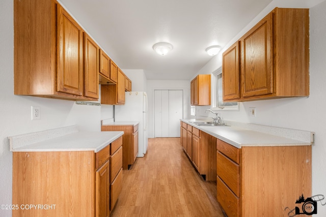 kitchen featuring a sink, light wood-style flooring, and brown cabinetry