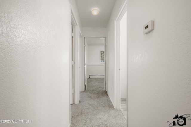 corridor with carpet flooring, a textured wall, and a baseboard radiator