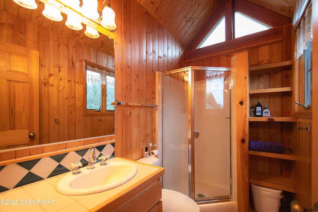 bathroom with toilet, wood walls, and a shower stall