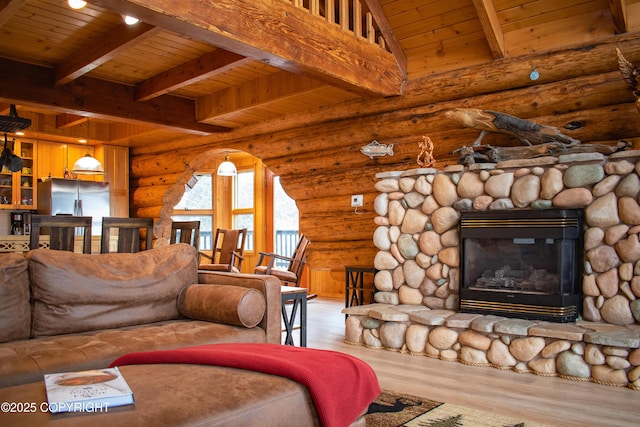 living area featuring rustic walls, beam ceiling, wood ceiling, and wood finished floors