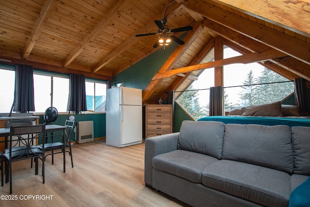 living area featuring light wood-type flooring, wooden ceiling, ceiling fan, and vaulted ceiling with beams