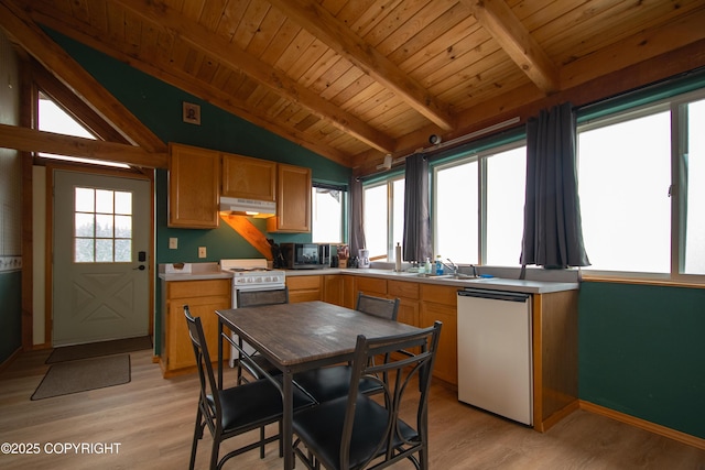 kitchen featuring white range with gas cooktop, under cabinet range hood, stainless steel microwave, lofted ceiling with beams, and dishwasher