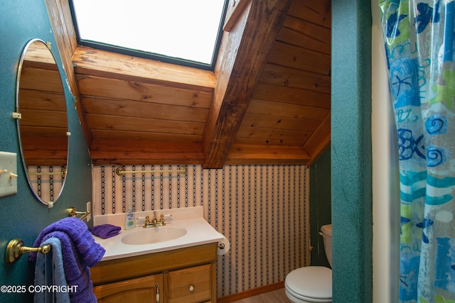 full bath featuring toilet, a shower with shower curtain, lofted ceiling with beams, wooden ceiling, and vanity