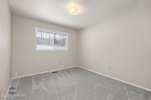 empty room featuring baseboards, visible vents, carpet floors, a textured ceiling, and a textured wall