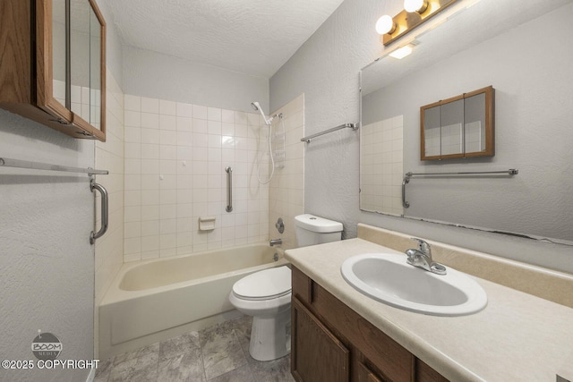 full bathroom with vanity, a textured ceiling, shower / tub combination, toilet, and a textured wall