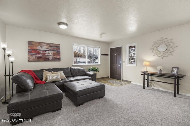 carpeted living room with a textured ceiling and baseboards