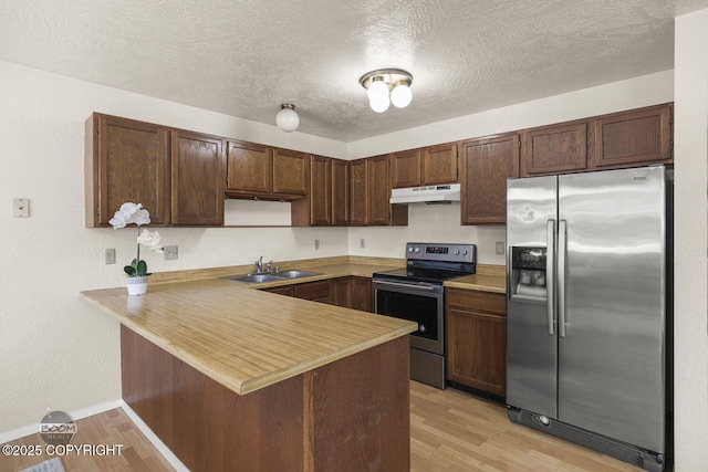 kitchen with a peninsula, light wood-style flooring, a sink, stainless steel appliances, and under cabinet range hood