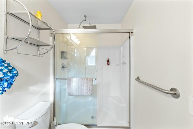 bathroom featuring toilet and a stall shower