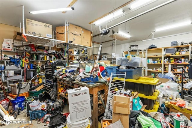 garage featuring a workshop area and a garage door opener