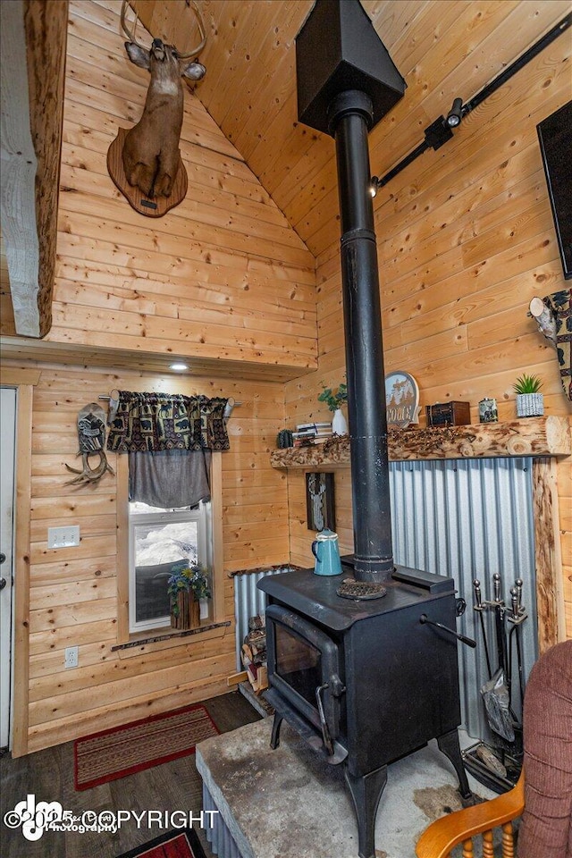 details featuring wood walls, a wood stove, wooden ceiling, and wood finished floors