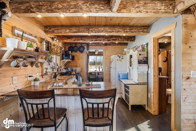 kitchen featuring dark wood finished floors, wooden walls, beam ceiling, and wood ceiling