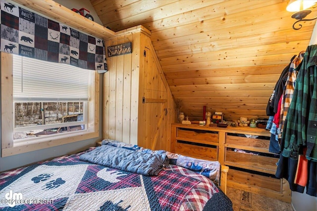 bedroom featuring wood walls, vaulted ceiling, and wood ceiling